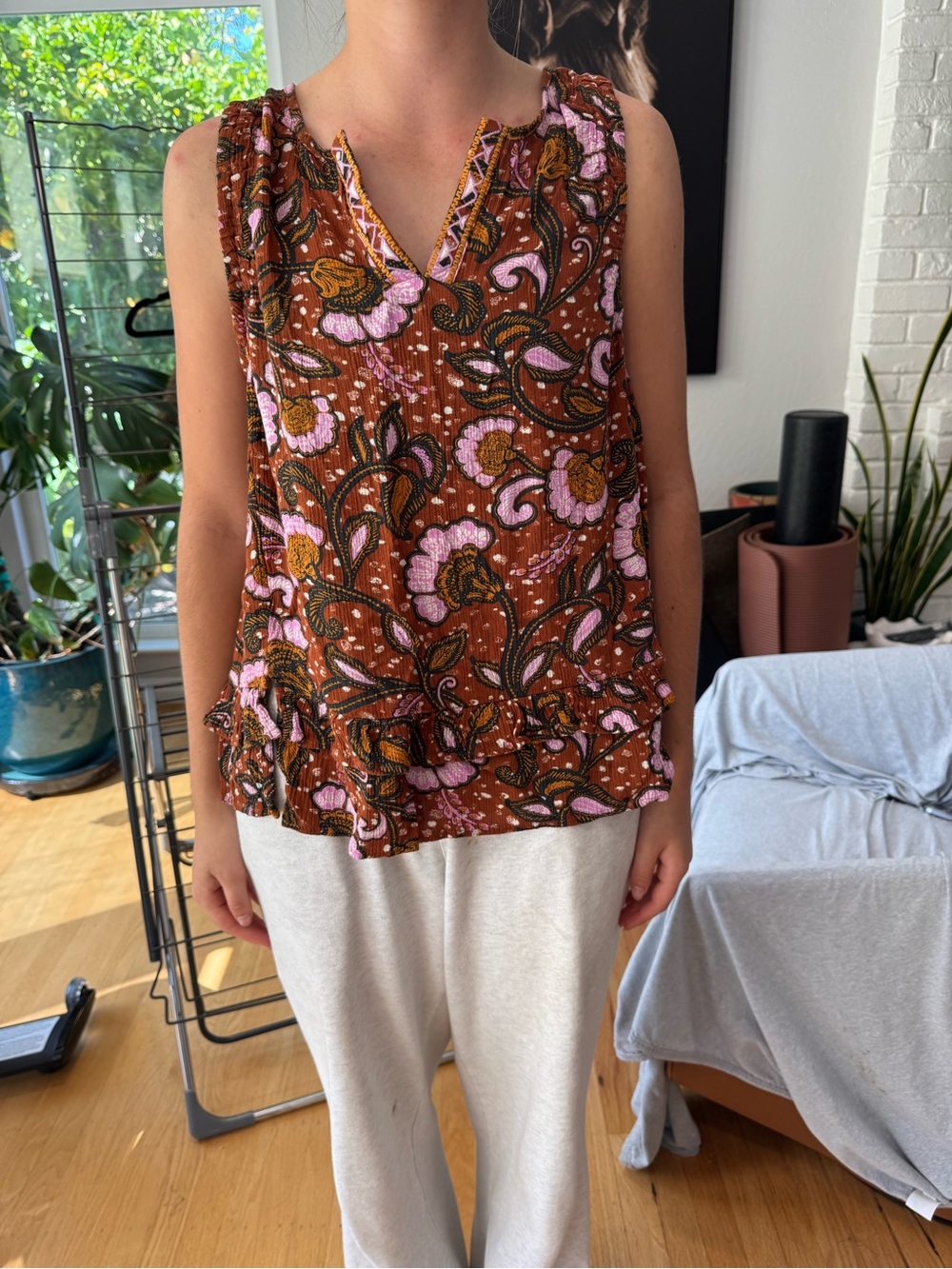 Democracy Brown Floral Ruffle Hem Sleeveless Top
